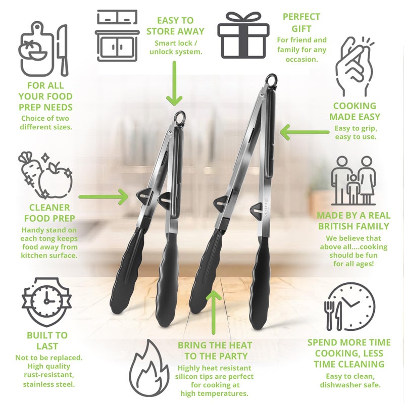 Oliver's Kitchen Â® Tongs - 2x Food Safe Silicone Cooking Tongs - Locking Clip for Easy Storage - Great for BBQ - Easy To Use & Grip Kitchen Tongs - Stylish Stainless Steel Design - Image 2